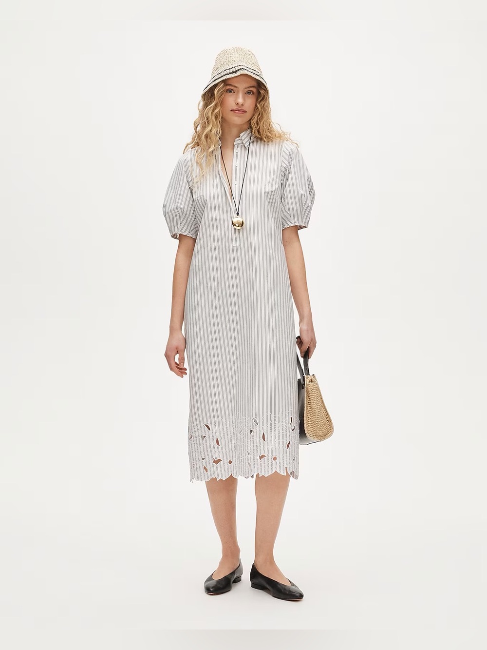 J.Crew Embroidered shirt-dress in striped cotton poplin in ivory blue